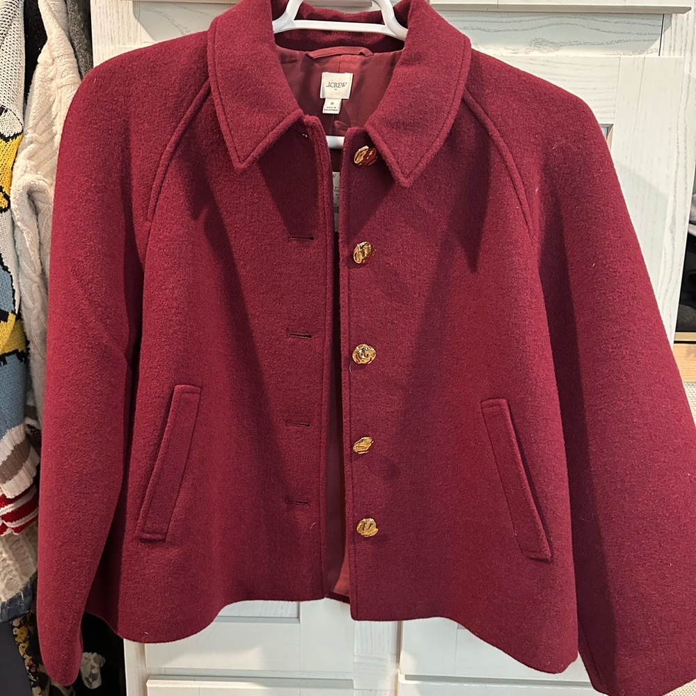 J. Crew Women's Burgundy Wool Pea Coat with Gold Buttons